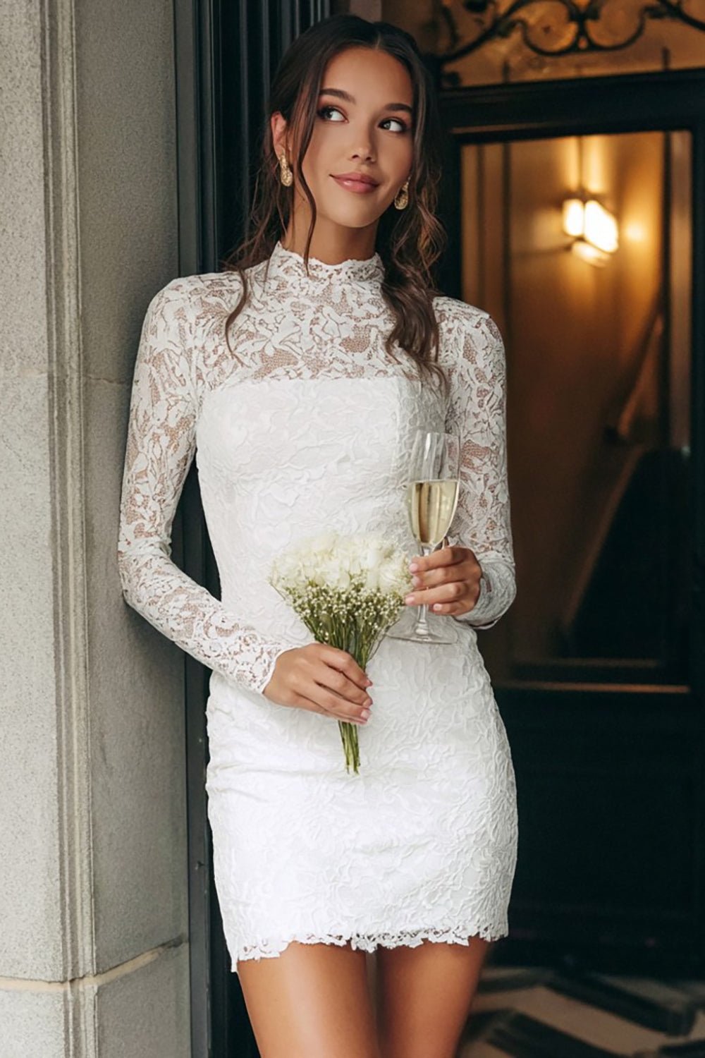Vintage Ivory Bodycon Lace Short Wedding Dress with Sleeves High Neck Bachelorette Dress